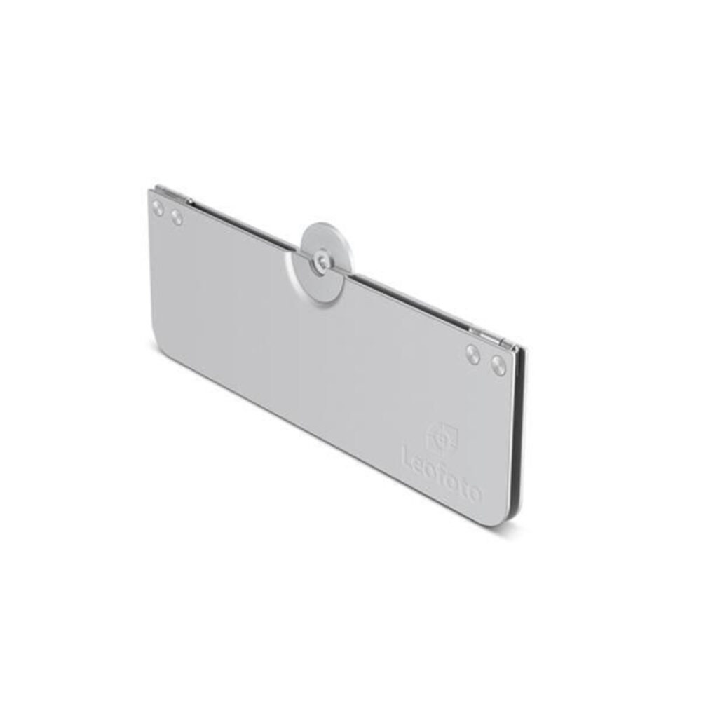 Leofoto LCH-1 houder zijaanzicht van ingeklapte witte aluminium laptoptray met centraal 1/4-inch schroefgat.