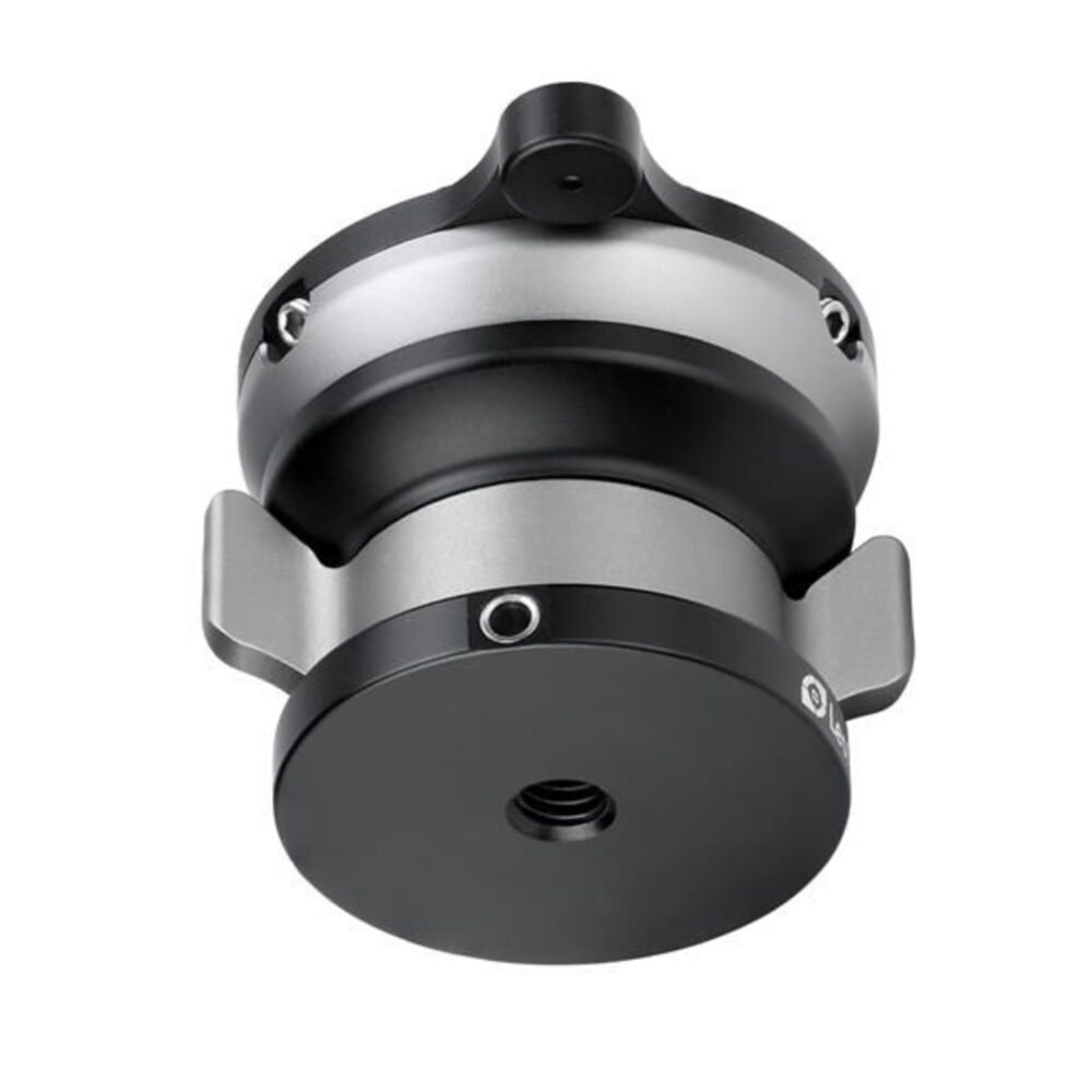 Leofoto LB-65 nivelleerinrichting close-up van 65mm leveling base met 3/8-inch schroef en geïntegreerde waterpaslibel op de topplaat.