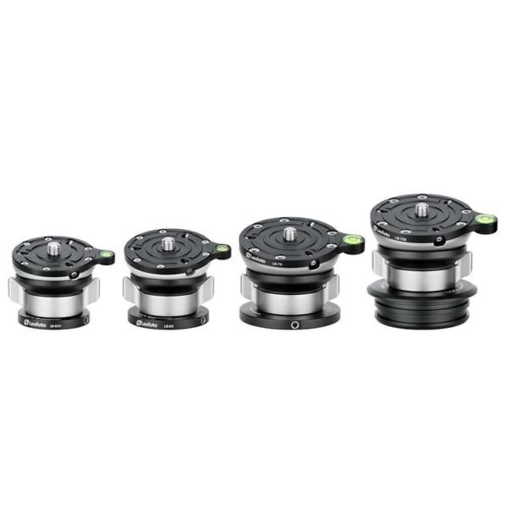 Leofoto LB-65 nivelleerinrichting naast andere Leofoto LB-leveling bases in verschillende maten ter productvergelijking.
