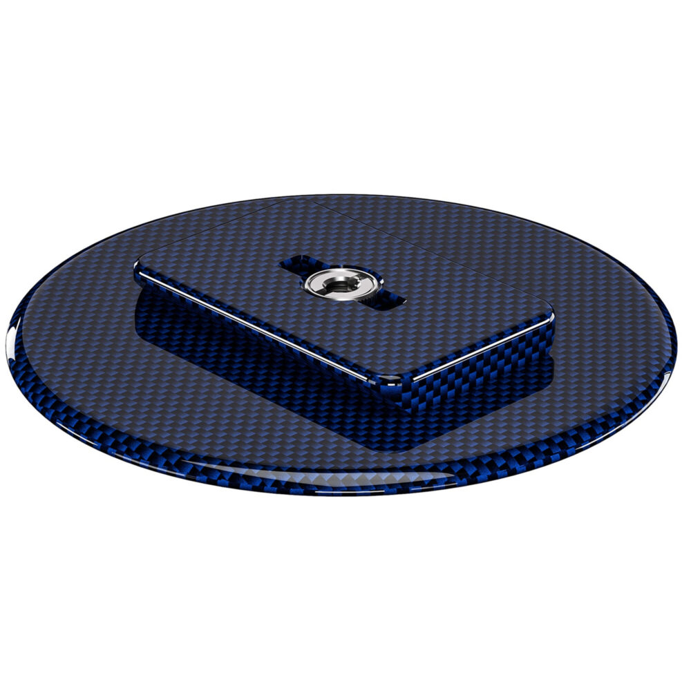 Leofoto LCH-0 montageplaat close-up van blauwe carbon plaat met gemonteerde Arca-Swiss basis en 3/8-inch schroefbus.