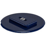 Leofoto LCH-0 montageplaat close-up van blauwe carbon plaat met gemonteerde Arca-Swiss basis en 3/8-inch schroefbus.