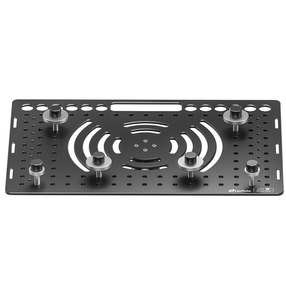 Leofoto LCH-3 laptophouder bovenaanzicht van 46x31 cm plaat met ventilatie-openingen en verplaatsbare klemmen.
