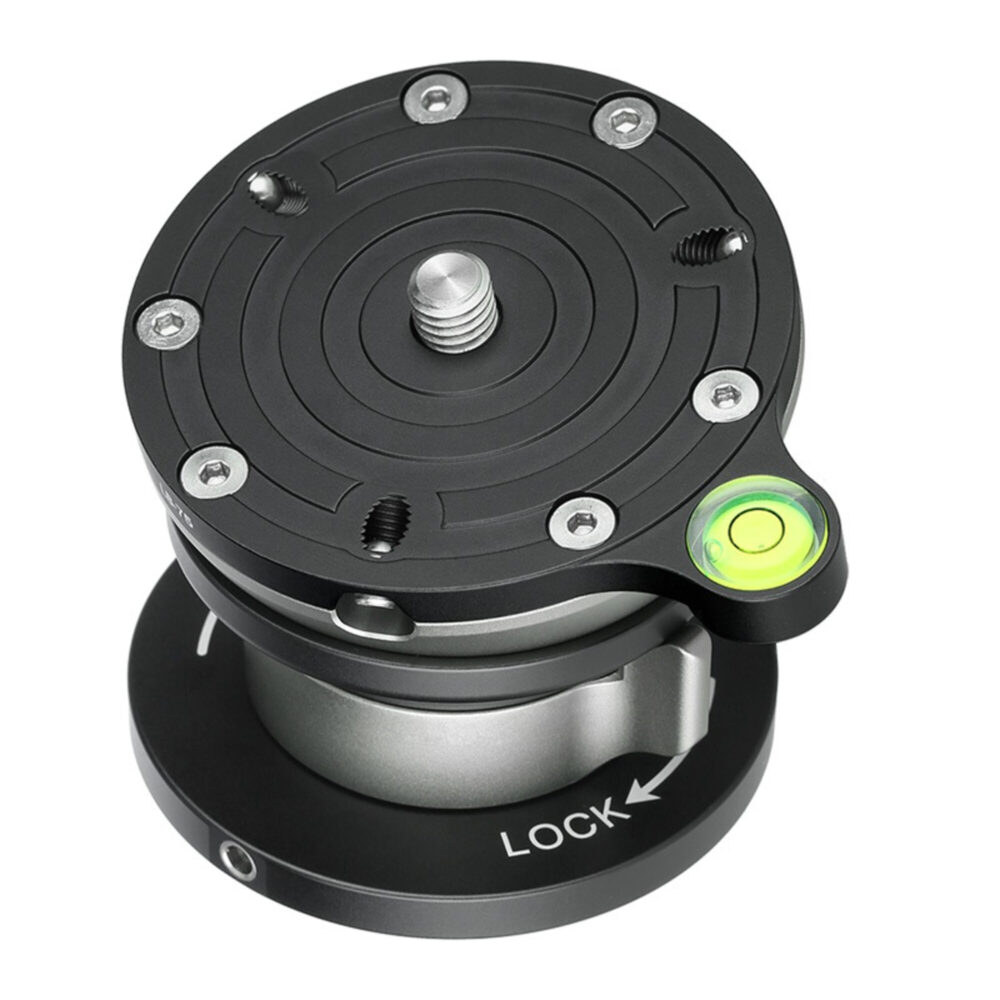 Leofoto LB-75S nivelleerinrichting bovenaanzicht van ronde topplaat met gradenmarkering, LOCK-aanduiding en groene libel.