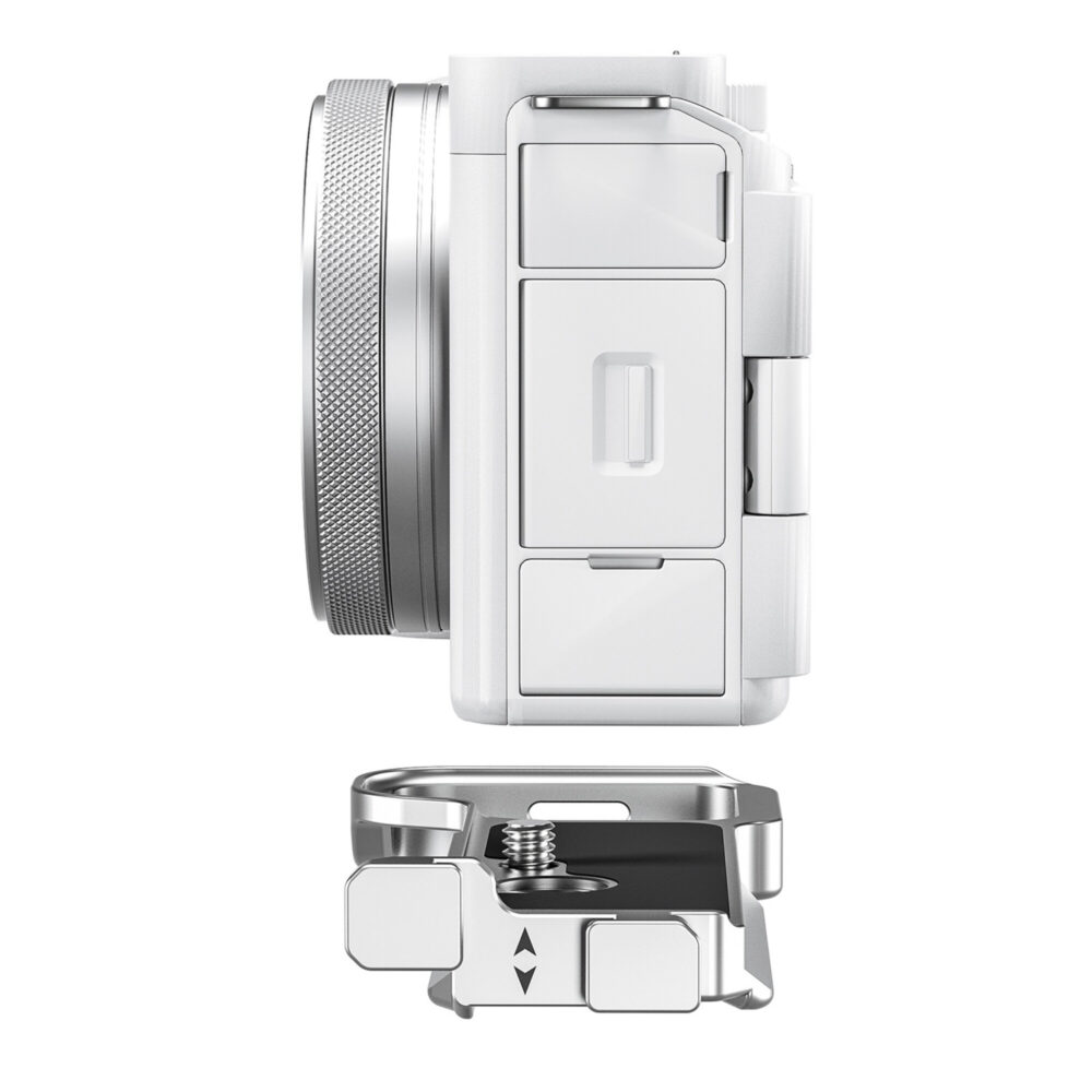Leofoto LPS-ZV-E1 L-bevestiging zijaanzicht van gemonteerde bracket onder een Sony Alpha ZV-E1 met vrij toegankelijke poorten.