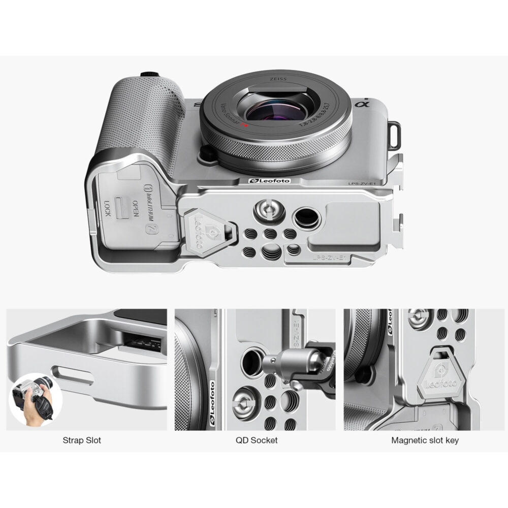 Leofoto LPS-ZV-E1 L-bevestiging diagonaal vooraanzicht van camera met gemonteerde zilveren Arca-Swiss L-bracket.