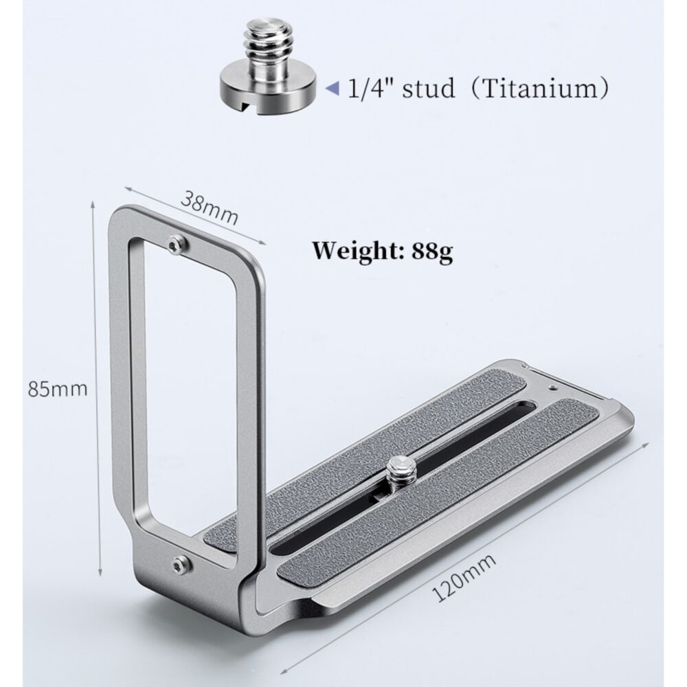 Leofoto UL-01T L-bevestiging titanium met afmetingen, gewicht en 1/4 inch schroefdraad in technische tekening.