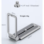 Leofoto UL-01T L-bevestiging titanium met afmetingen, gewicht en 1/4 inch schroefdraad in technische tekening.