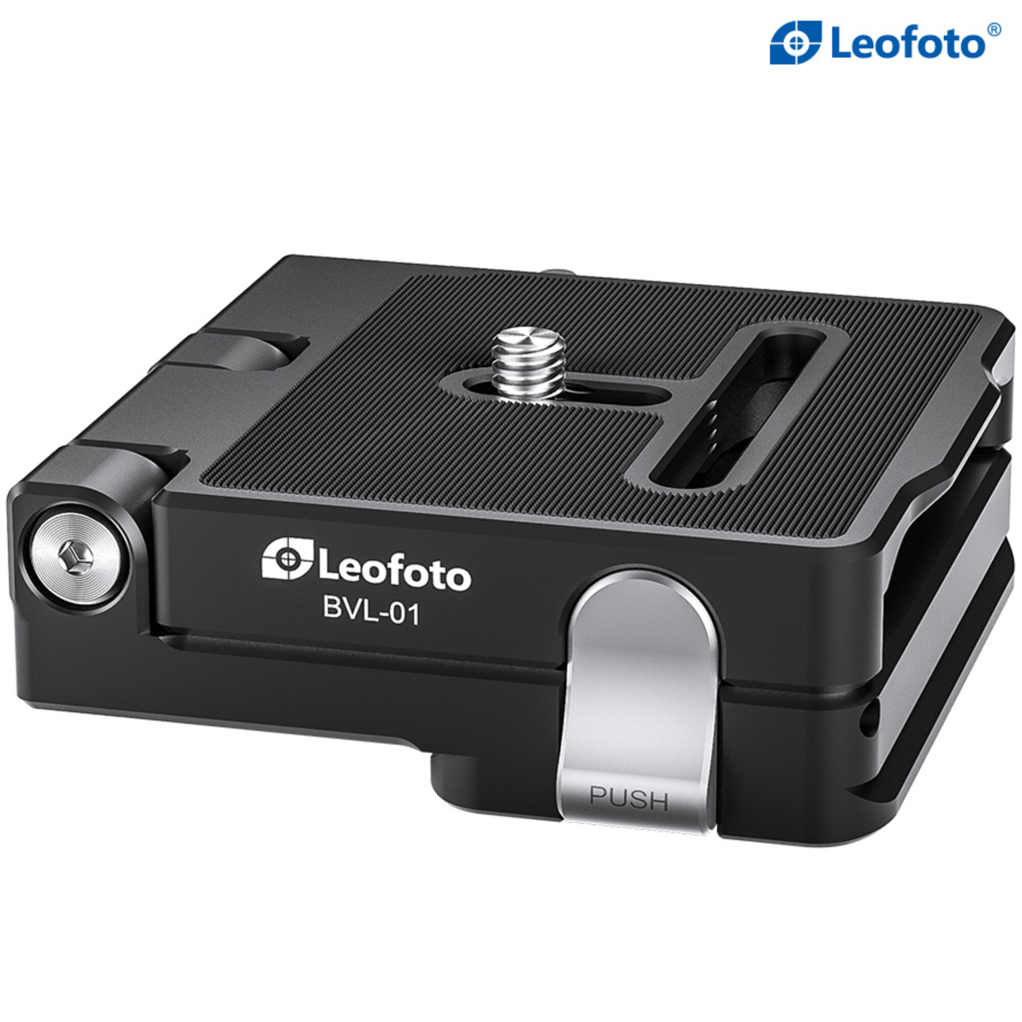 Leofoto BVL-01 L-beugel opvouwbare L-plaat liggend schuin vooraanzicht met zilverkleurige vergrendeling.
