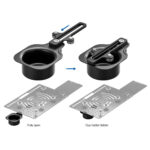 Leofoto LCH-3-2 Beugel montagevoorbeeld met bekerhouder, bevestigingsarm en Laptop Tray plaat met pijlen voor bevestiging.