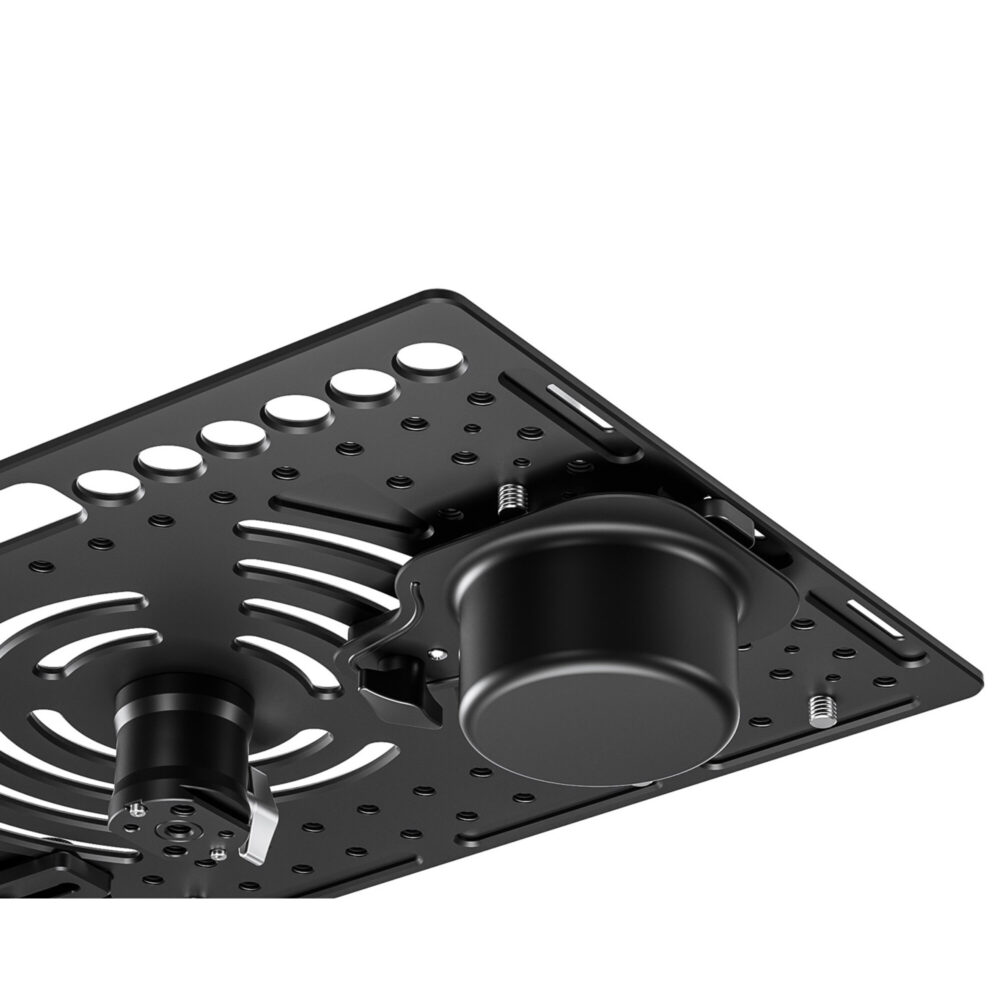 Leofoto LCH-3-2 Beugel bekerhouder gemonteerd in Leofoto Laptop Tray met ronde uitsparing voor beker of fles.
