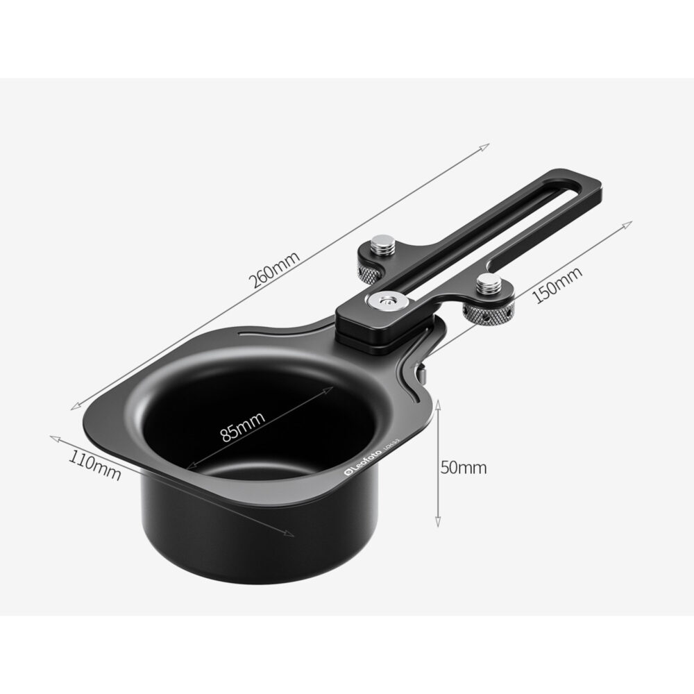 Leofoto LCH-3-2 Beugel bekerhouder met aangegeven afmetingen naast schematische Leofoto Laptop Tray tekeningen.