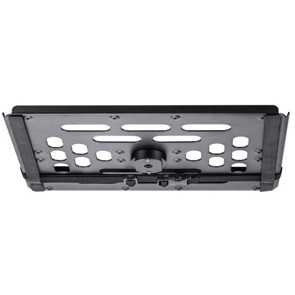 Leofoto LCH-2S laptophouder onderaanzicht van laptopplatform met centrale Arca-Swiss adapter en 3/8-inch schroefdraad.