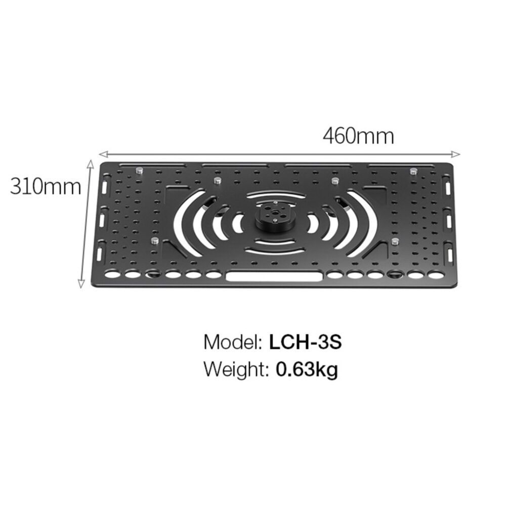 Leofoto LCH-3S Laptophouder bovenaanzicht met afmetingen 460mm x 310mm en model- en gewichtsaanduiding.