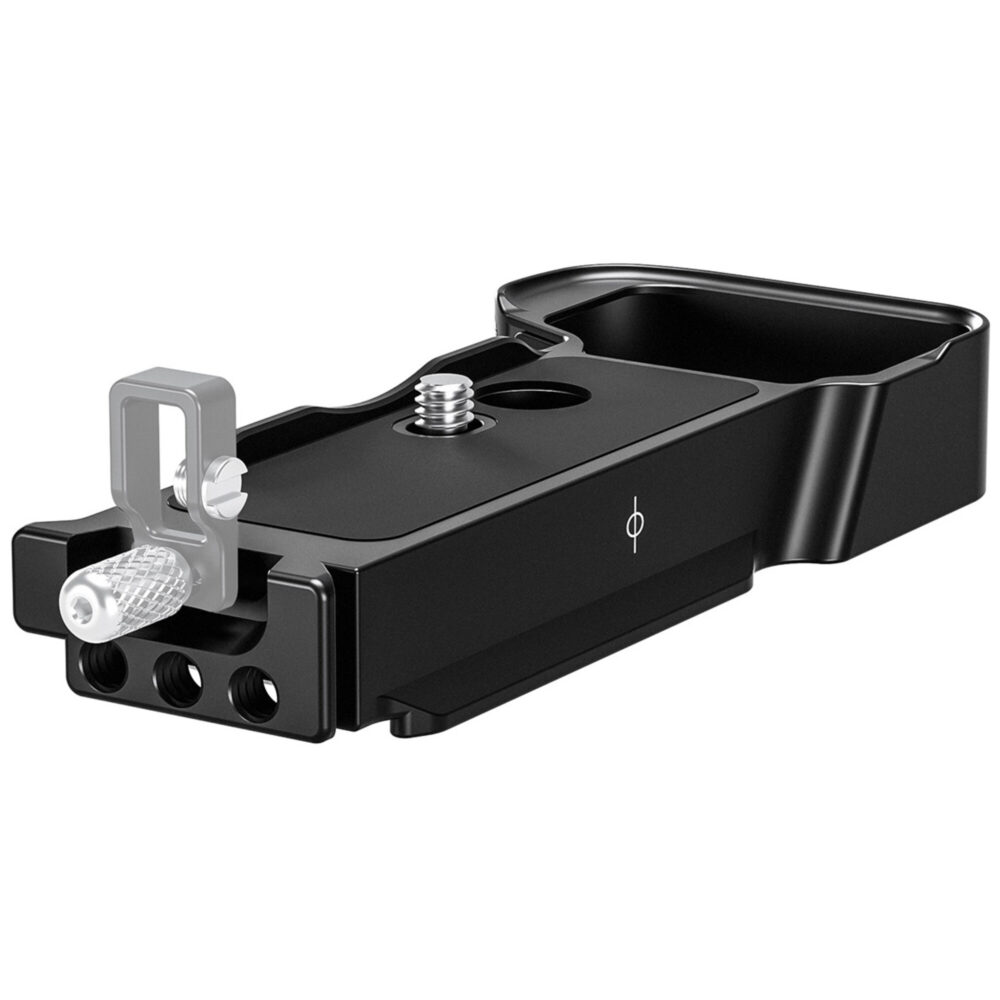Leofoto LPS-A7CR/A7CII L-Beugel zijaanzicht van basisplaat met 1/4"-schroef, kabelklem en meerdere montagegaten.