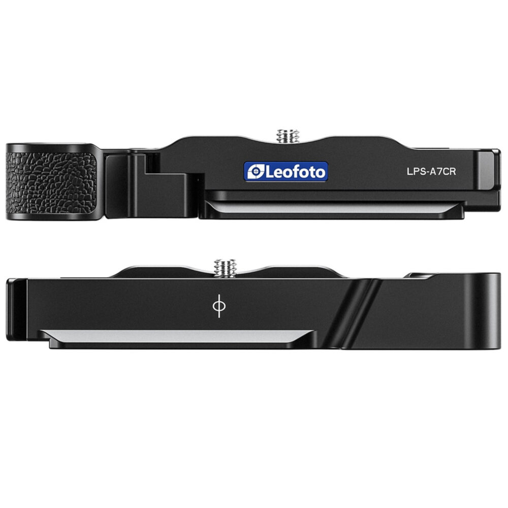 Leofoto LPS-A7CR/A7CII L-Beugel boven- en onderaanzicht van de Arca-Swiss basisplaat met blauwe Leofoto-logo.