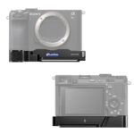 Leofoto LPS-A7CR/A7CII L-Beugel demonstratie met gemonteerde Sony Alpha 7CR/7C II camera op transparante achtergrond.