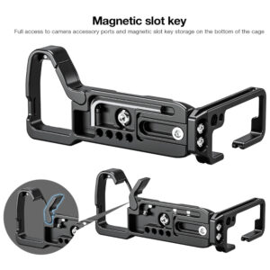 Leofoto LPS-A7R5 L-Beugel onderaanzicht met Arca-Swiss sleuven, extra montagegaten en magnetisch vak voor inbussleutel.