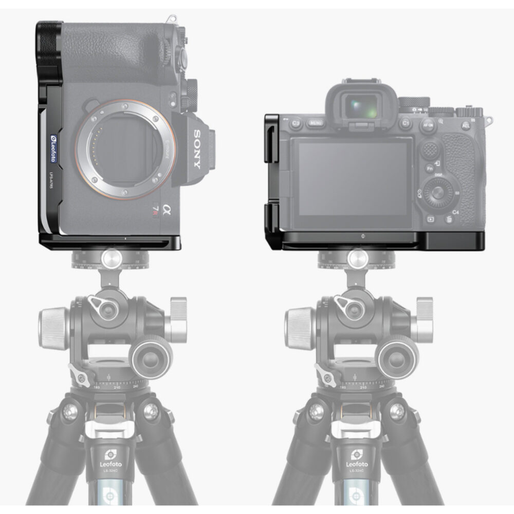 Leofoto LPS-A7R5 L-Beugel gemonteerd op statief met Sony A7R5 camera in horizontale en verticale positie.