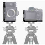 Leofoto LPS-A7R5 L-Beugel gemonteerd op statief met Sony A7R5 camera in horizontale en verticale positie.