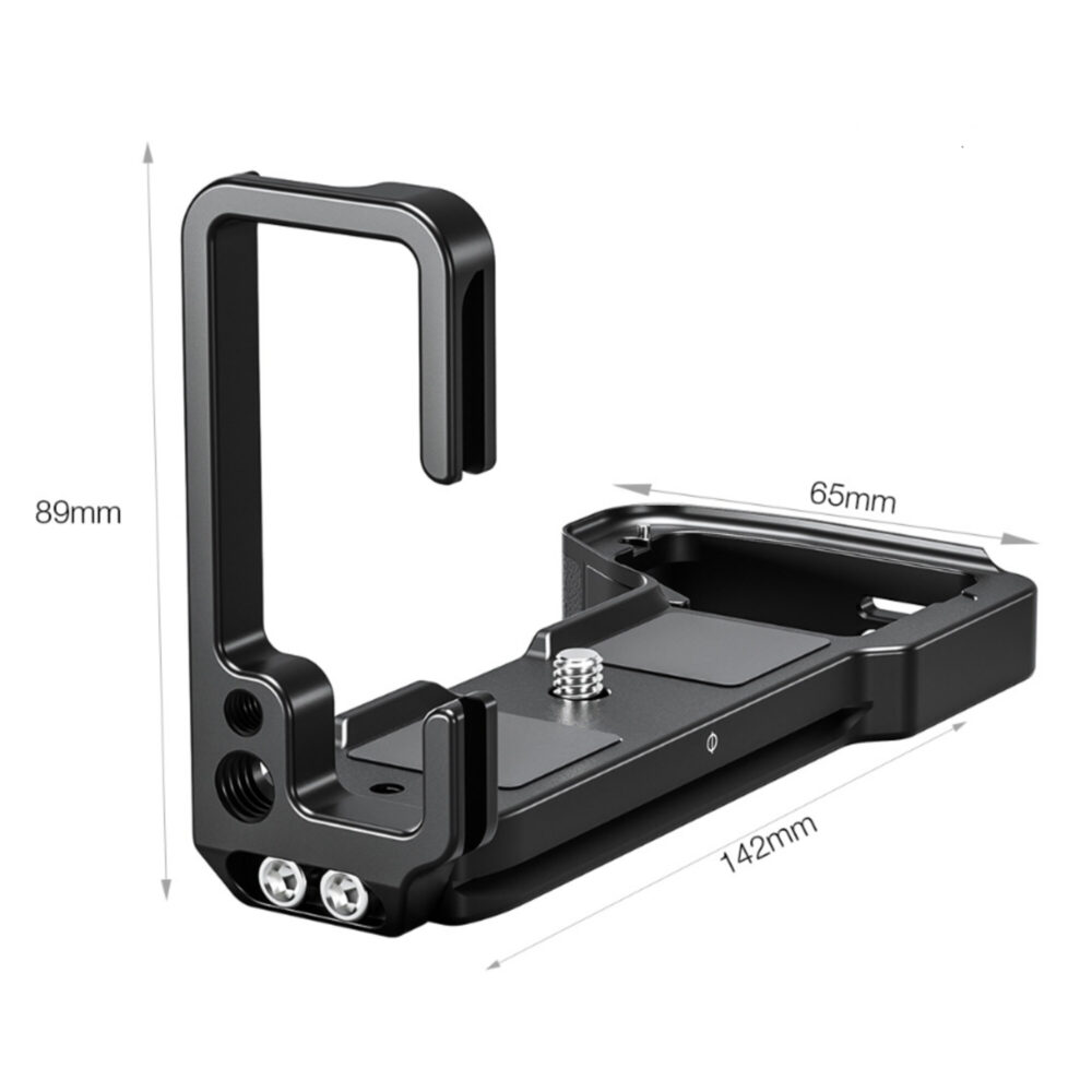 Leofoto LPS-A7R5 L-Beugel zijaanzicht met aangegeven afmetingen 89 mm hoogte, 65 mm breedte en 142 mm lengte.
