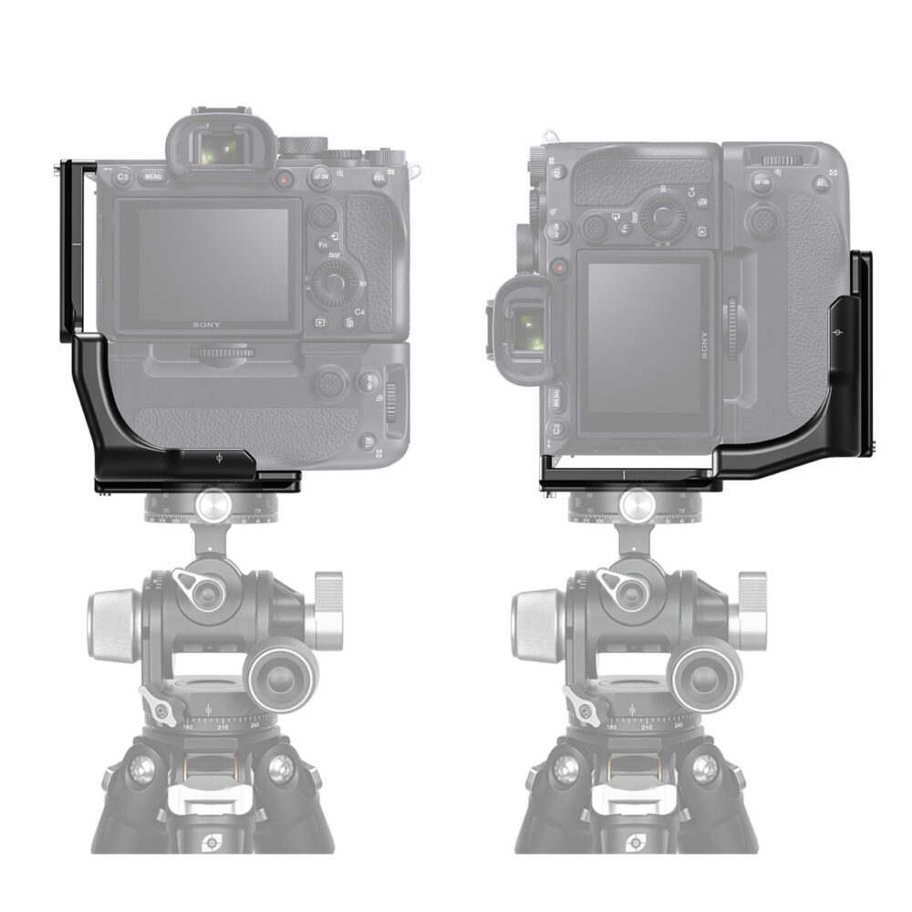 Leofoto LPS-A7R5B L-Beugel gemonteerd op Sony Alpha A7R5 met batterijgreep op statief