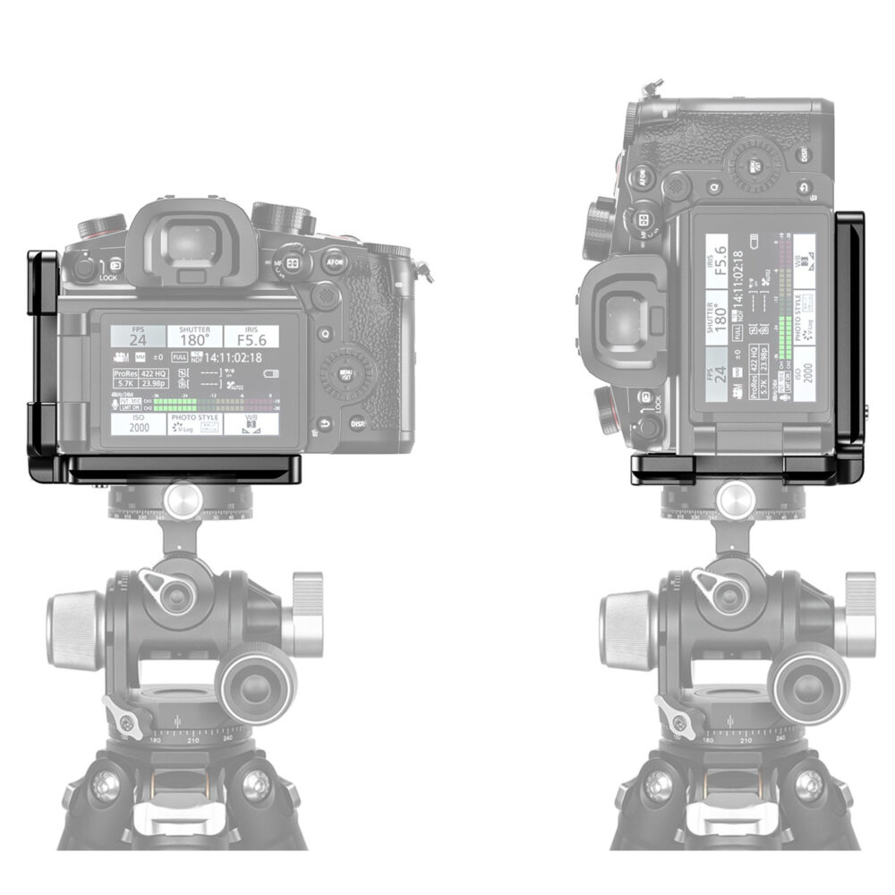 Leofoto LPP-GH6 L-Beugel demonstratie van Panasonic Lumix GH6 op statief in liggende en staande camerastand.