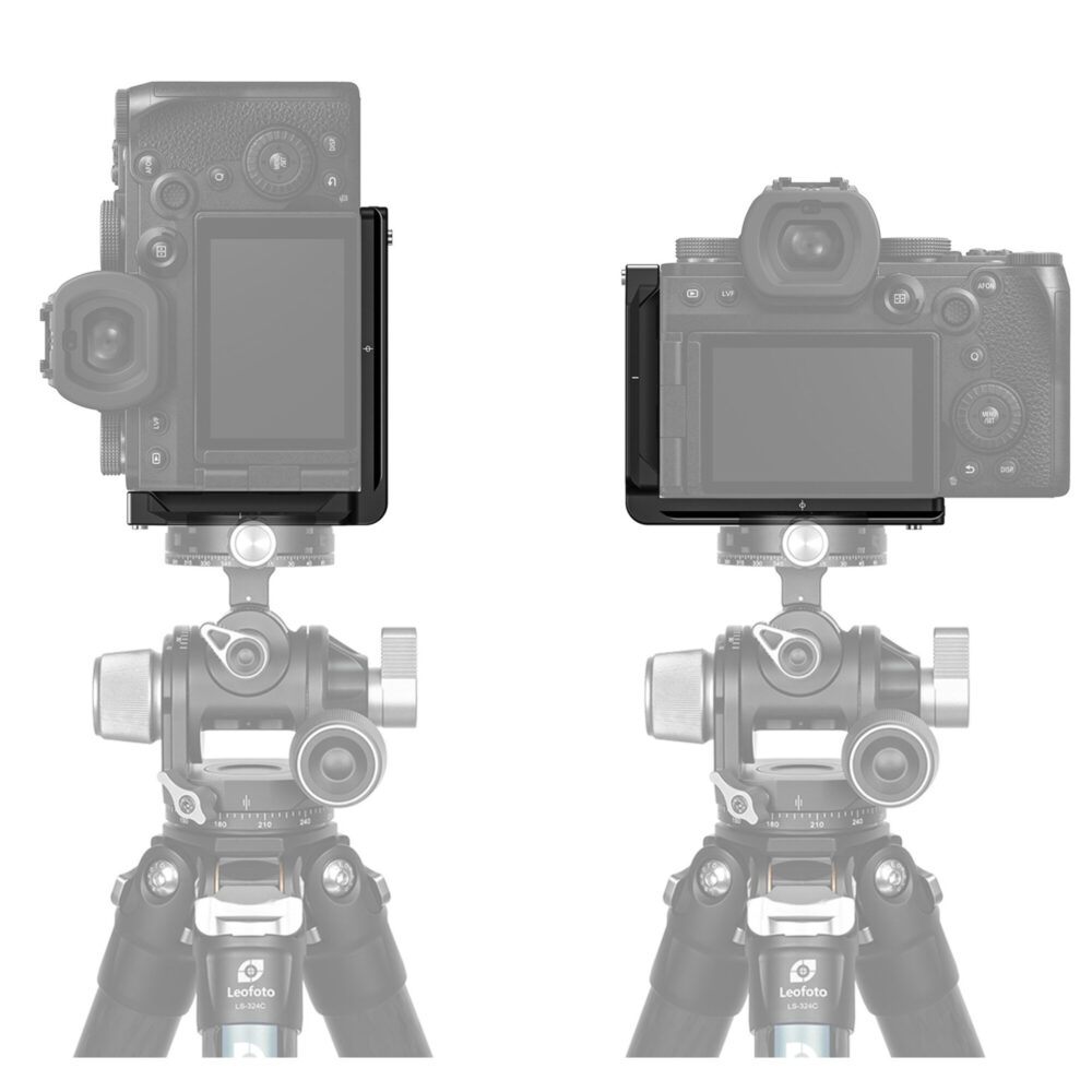 Leofoto LPPO-S5II L-Beugel demonstratie van Panasonic Lumix S5II/G9II op statief in liggende en staande camerastand.