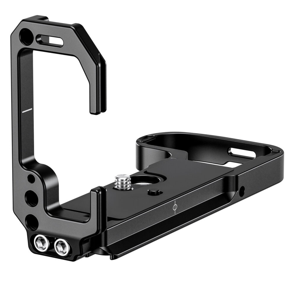 Leofoto LPN-Z5II L-Beugel zijaanzicht van alleen L-bracket rechtop geplaatst om hoogte en vorm van de zijplaat te tonen.