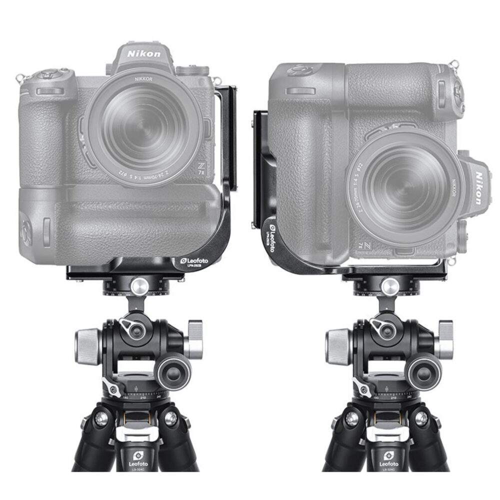 Leofoto LPN-Z6IIB L-Beugel demonstratie met Nikon Z6II/Z7II met batterijgreep op statief in liggende en staande camerastand.