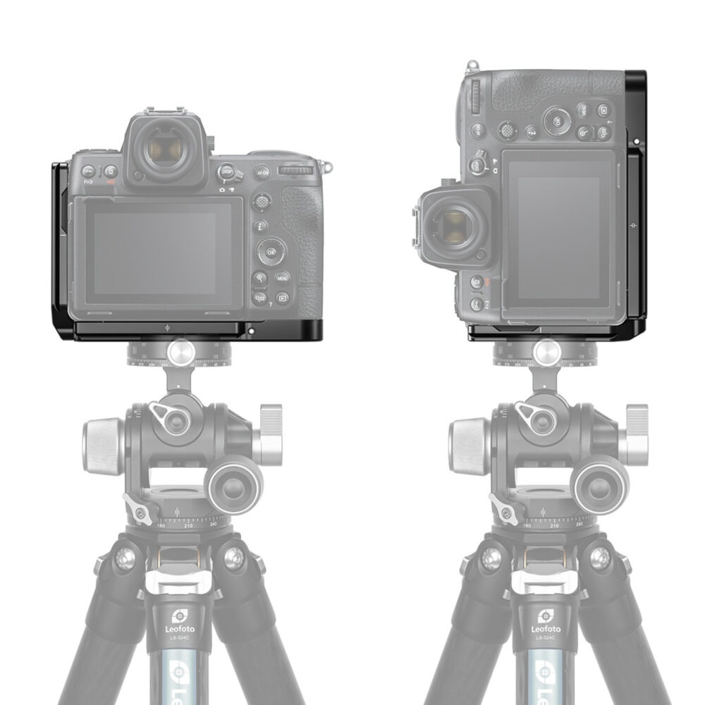 Leofoto LPN-Z8 L-bevestiging gemonteerd op statief met Nikon Z8 camera in horizontale en verticale positie.