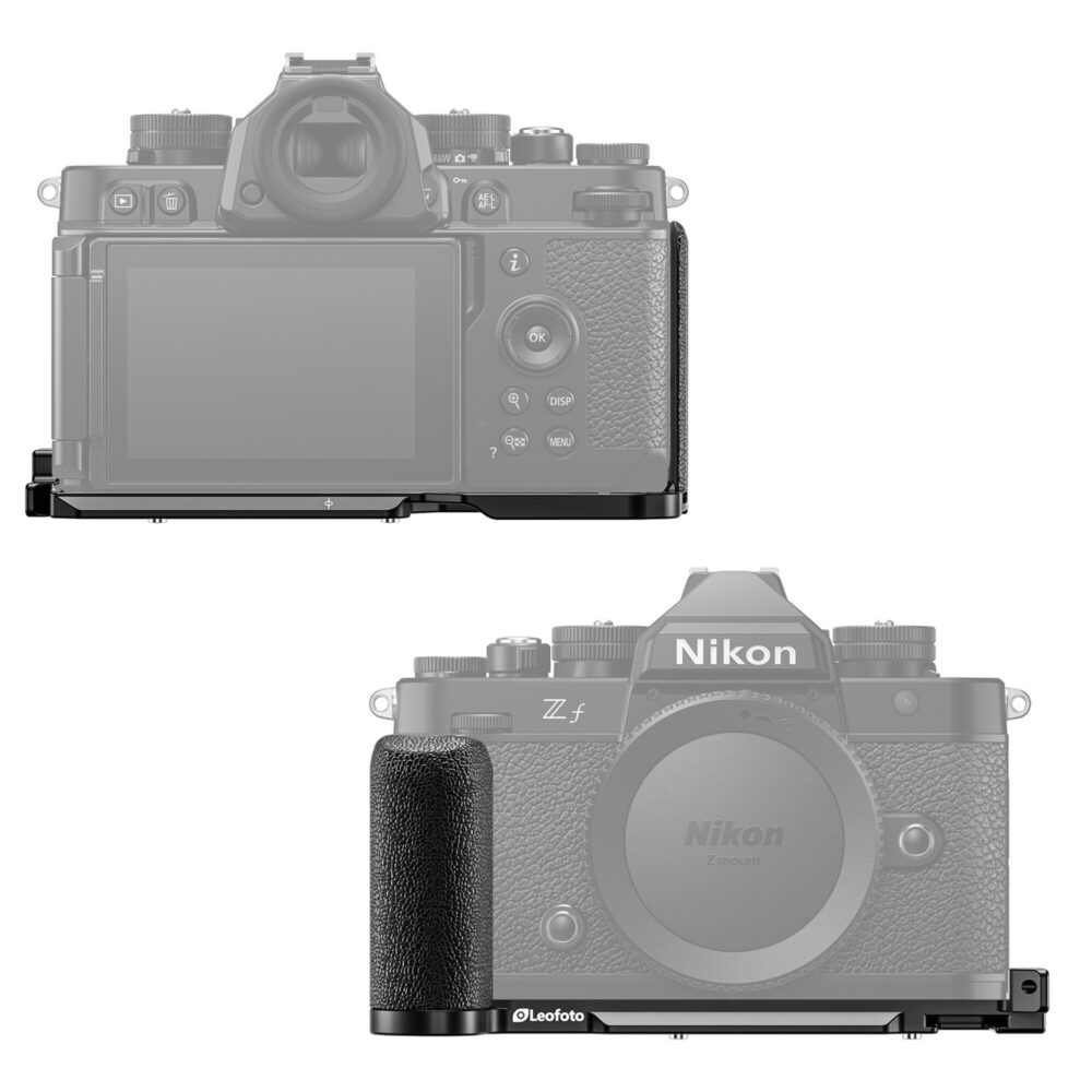 Leofoto LPN-Zf L-Beugel vooraanzicht van Nikon Zf met gemonteerde L-bracket en extra diepe handgreep.