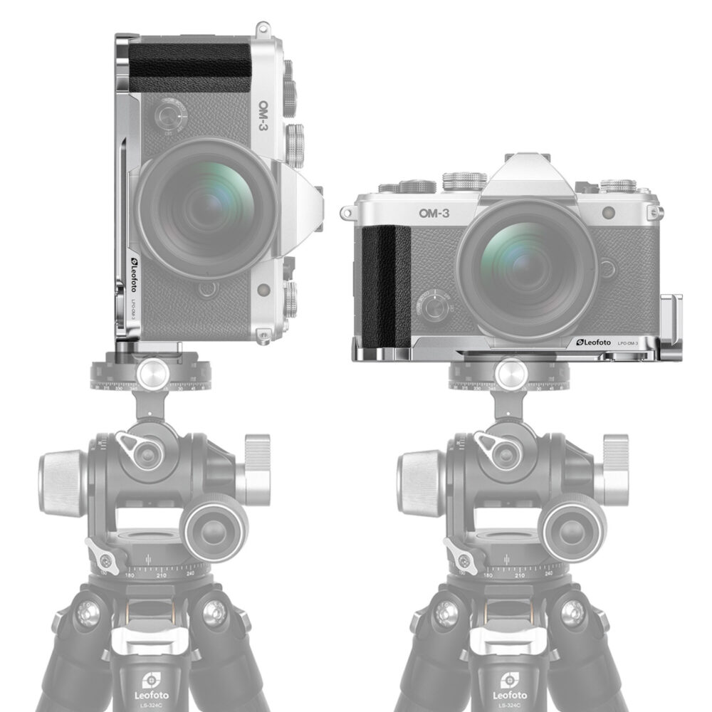 Leofoto LPO-OM-3 L-Beugel demonstratie met OM-System OM-3 op statief in liggende en staande camerastand.