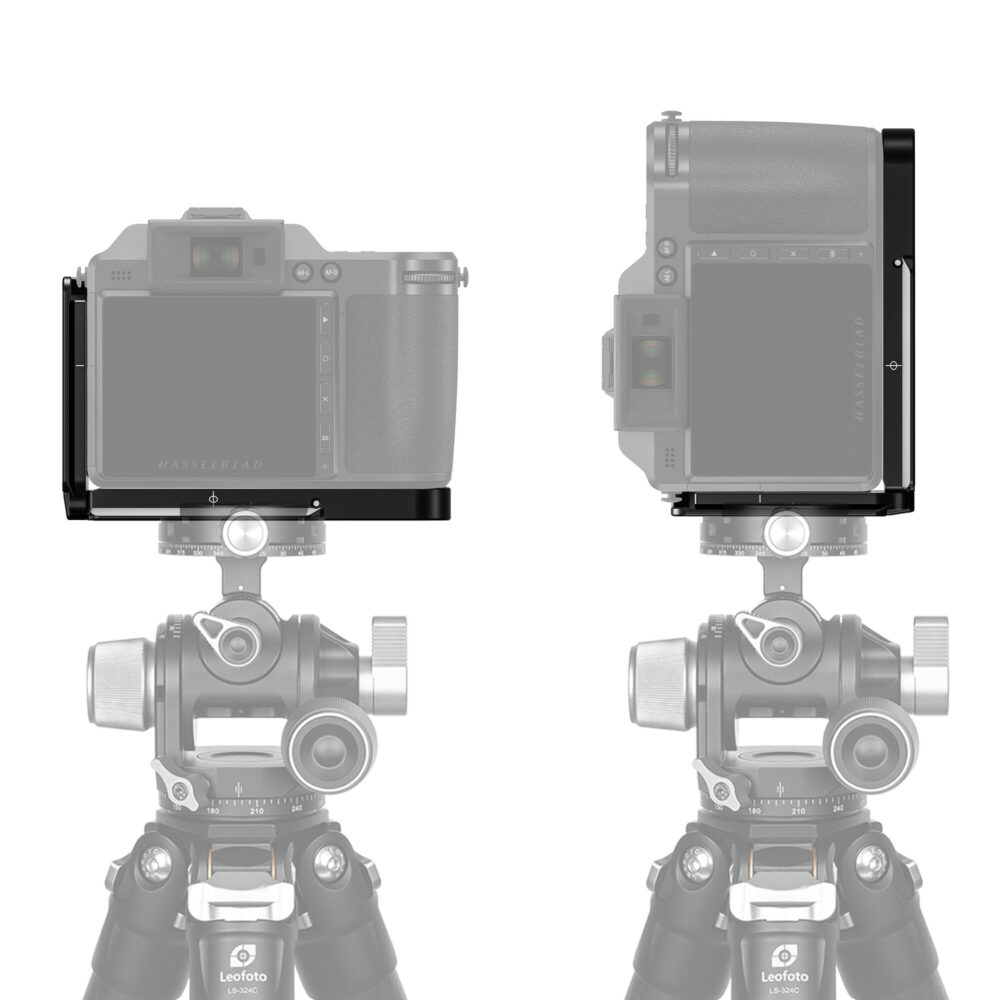 Leofoto LPH-X2D L-bevestiging gemonteerd op statief met Hasselblad X2D camera in horizontale en verticale stand.