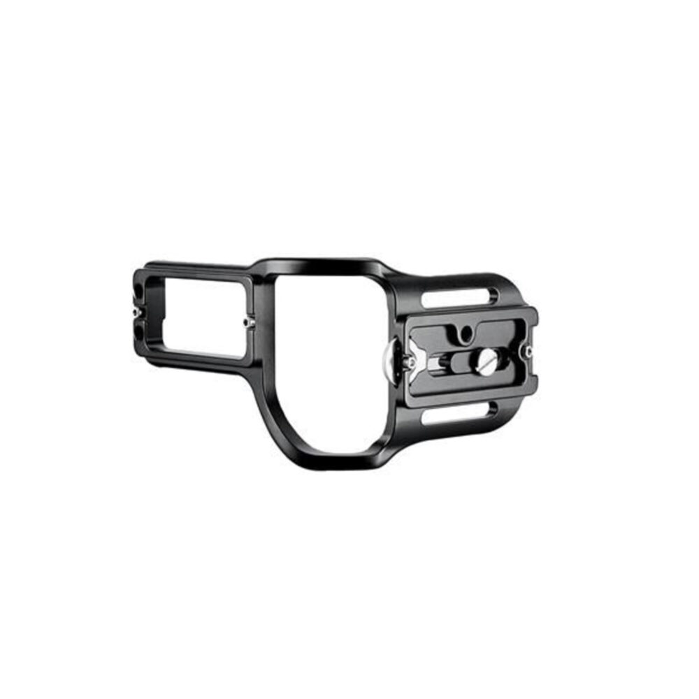 Leofoto LPN-D6B L-bevestiging bovenaanzicht met Arca-Swiss-slede, anti-twist-vorm en bevestigingsschroeven.