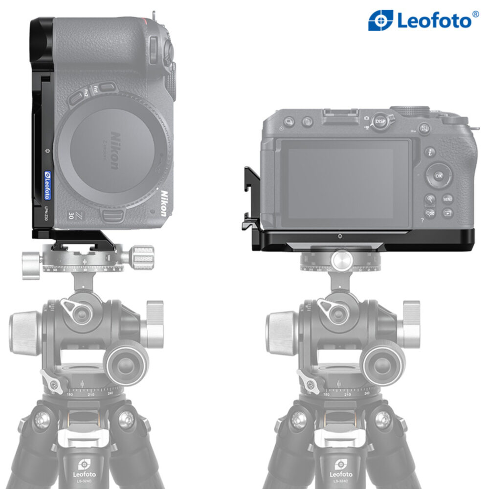 Leofoto LPN-Z30 L-bevestiging gemonteerd met Nikon Z30 camera in horizontale en verticale stand op statief.