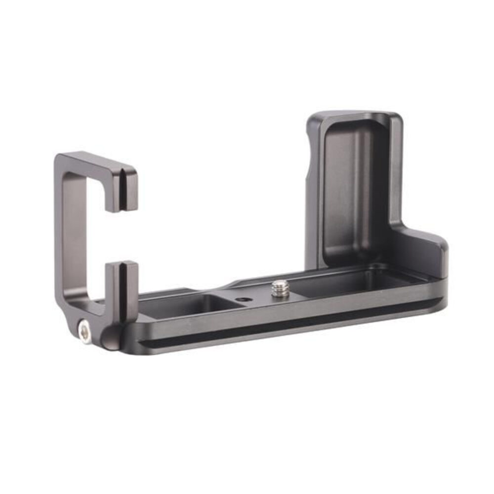 Leofoto LPF-XE3 L-bevestiging zijaanzicht met zichtbare bevestigingsschroef en anti-twist flenzen voor stevige cameravergrendeling.