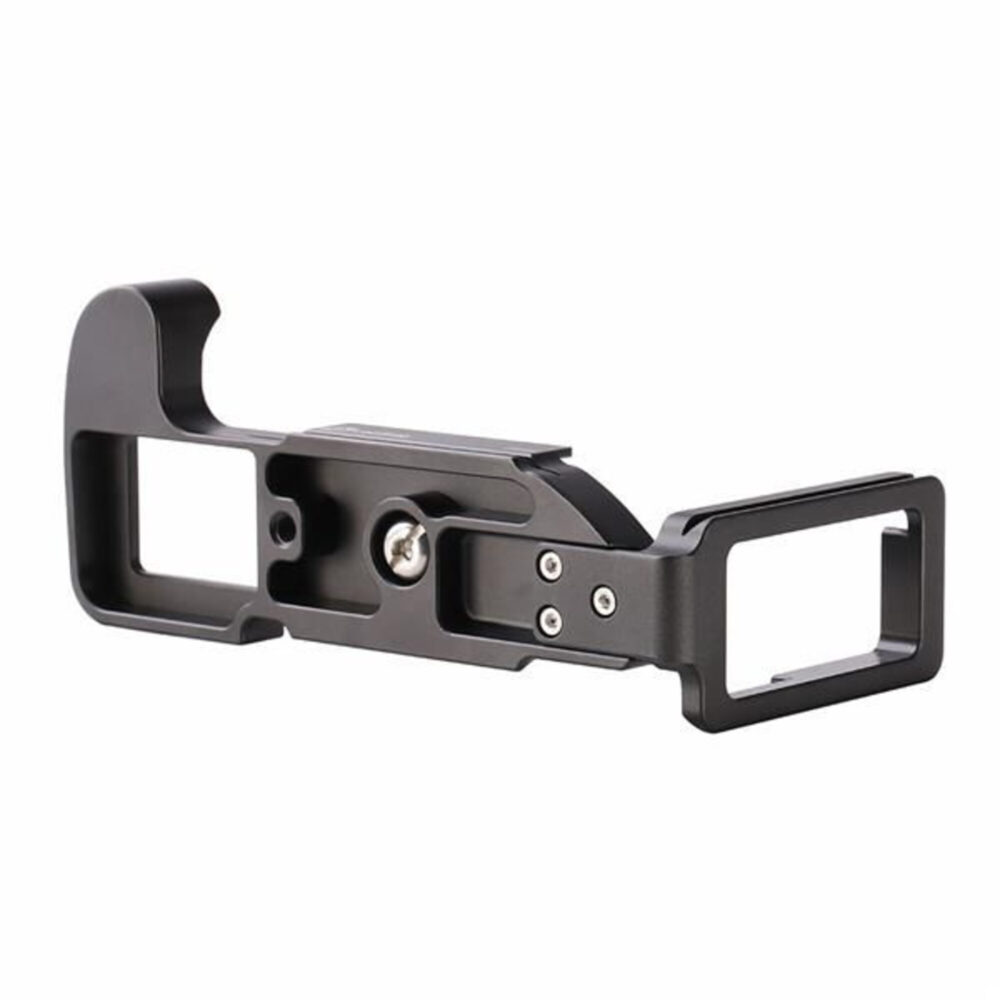 Leofoto LPF-XH1 L-bevestiging achteraanzicht met gebogen handgreep en open uitsparingen voor gewichtsbesparing.