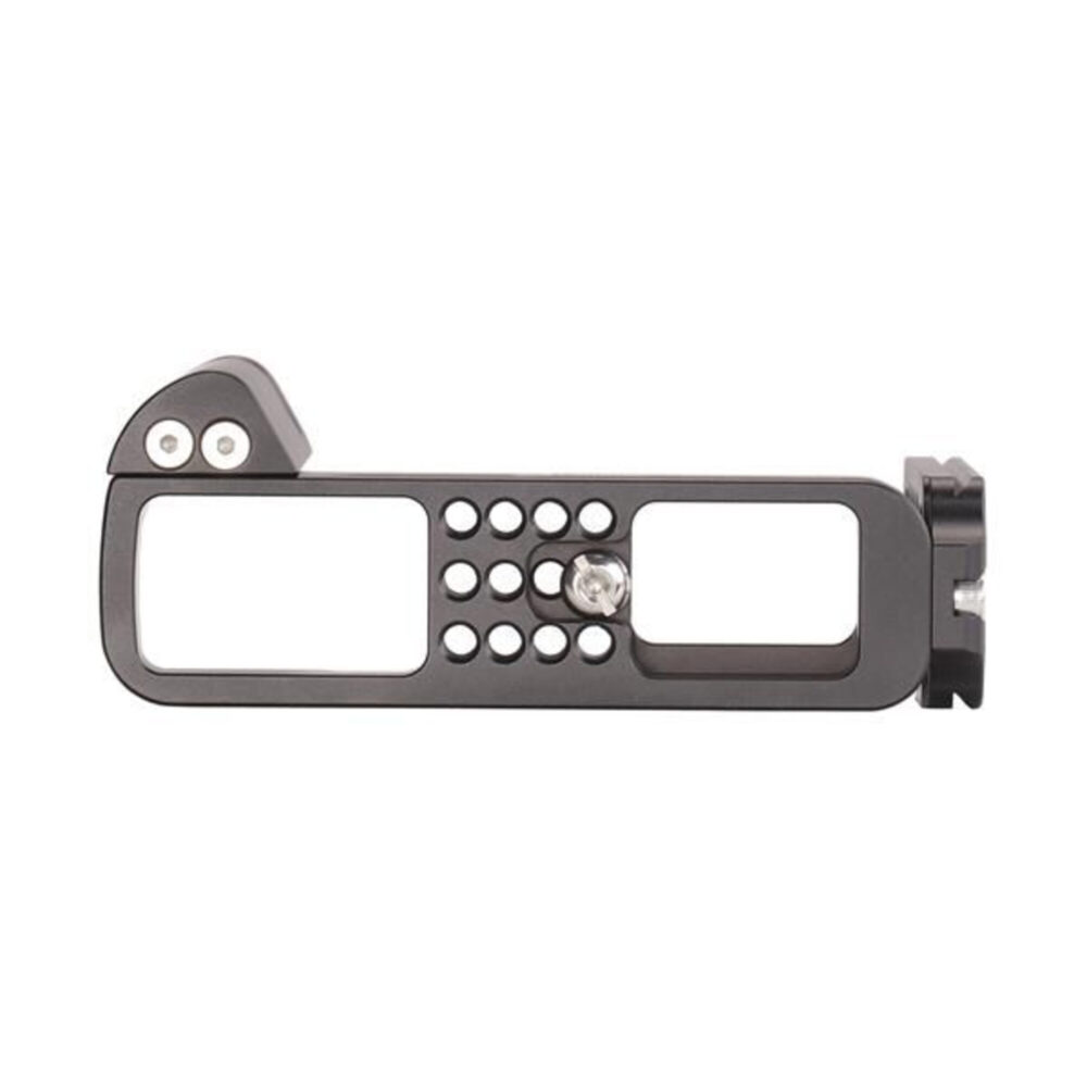 Leofoto LPF-XT3 L-bevestiging zijaanzicht met lange bodemplaat en lichtgewicht gatenpatroon voor optimale kabeldoorvoer.