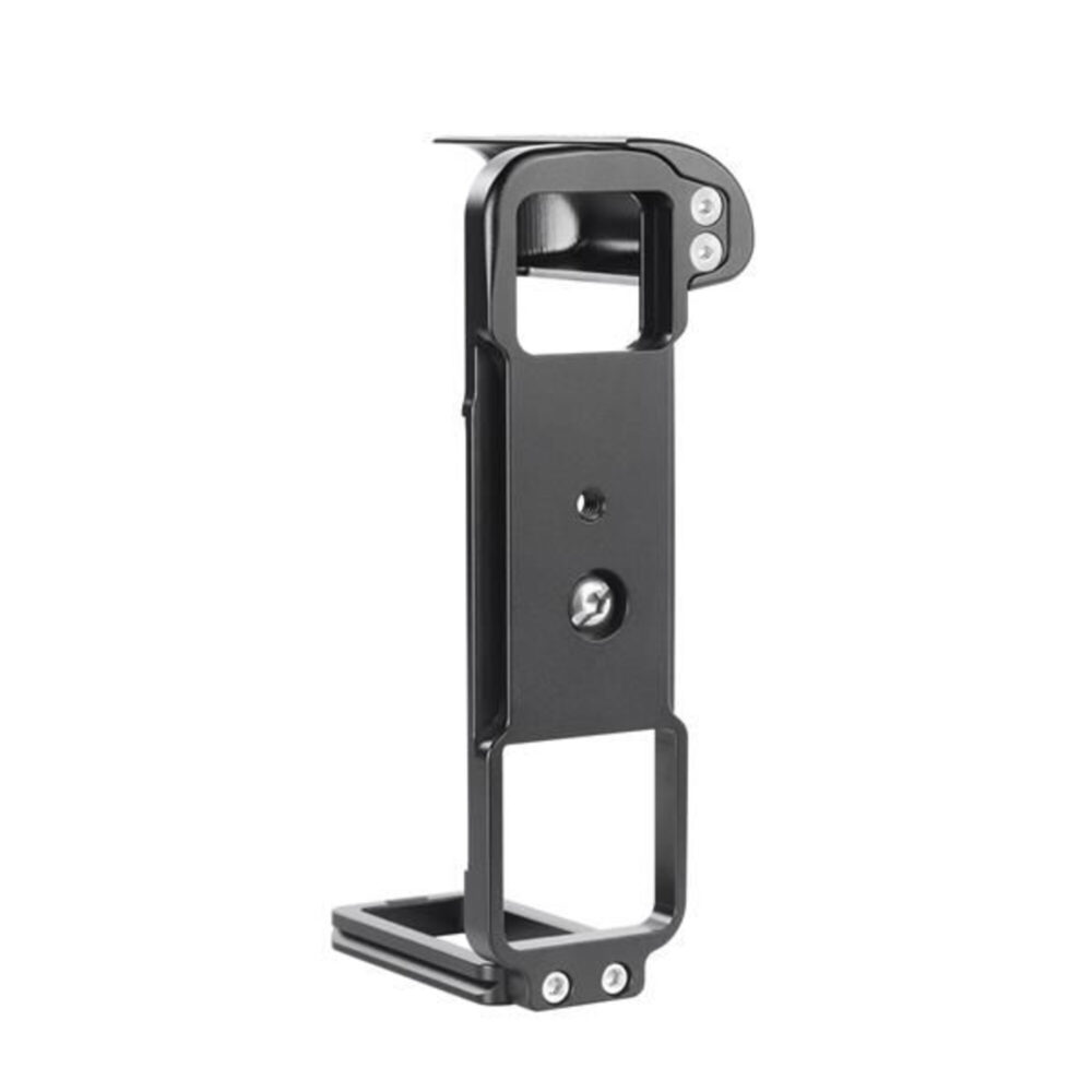 Leofoto LPF-GFX50R L-bevestiging staand vooraanzicht met hoge verticale L-wand en basisplaat passend voor Fujifilm GFX 50R.