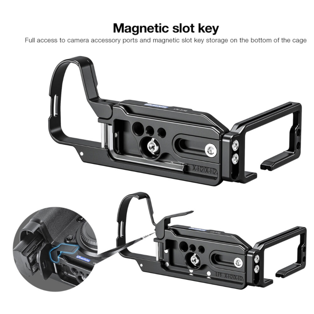 Leofoto LPF-X-H2 L-bevestiging zijaanzicht met Arca-Swiss profiel, open toegang tot poorten en magnetische sleuf voor inbussleutel.