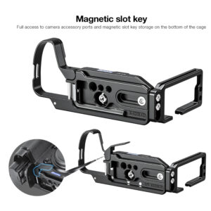 Leofoto LPF-X-H2 L-bevestiging zijaanzicht met Arca-Swiss profiel, open toegang tot poorten en magnetische sleuf voor inbussleutel.
