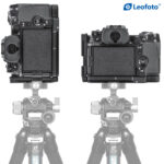 Leofoto LPF-X-H2 L-bevestiging gemonteerd onder Fujifilm X-H2 in liggende en staande stand op statiefkop.