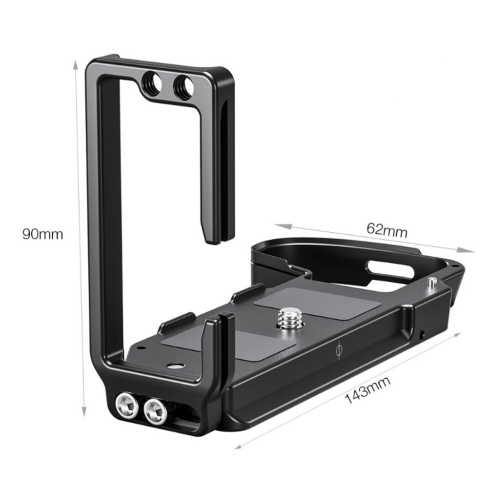 Leofoto LPF-X-H2 L-bevestiging productfoto met aangegeven afmetingen 90 mm hoogte, 62 mm breedte en 143 mm lengte.