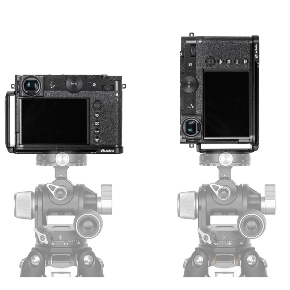 Leofoto LPF-GFX100RF L-bevestiging onderaanzicht van Arca-Swiss compatibele basisplaat met 1/4-inch schroef en uitsparingen.
