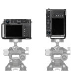 Leofoto LPF-GFX100RF L-bevestiging onderaanzicht van Arca-Swiss compatibele basisplaat met 1/4-inch schroef en uitsparingen.