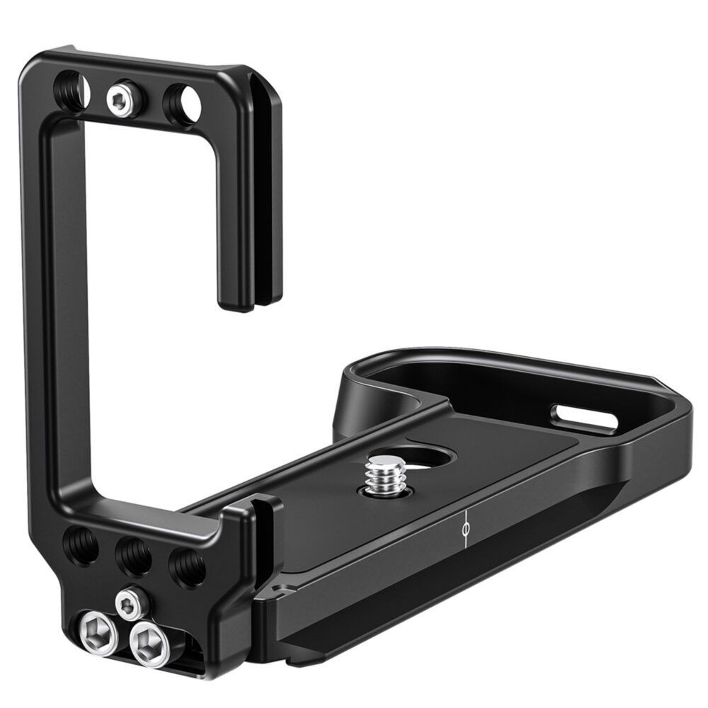 Leofoto LPF-X-S10 L-bevestiging schuin zijaanzicht met rechtopstaande L-winkel en 1/4-inch cameraschroef in de basis.