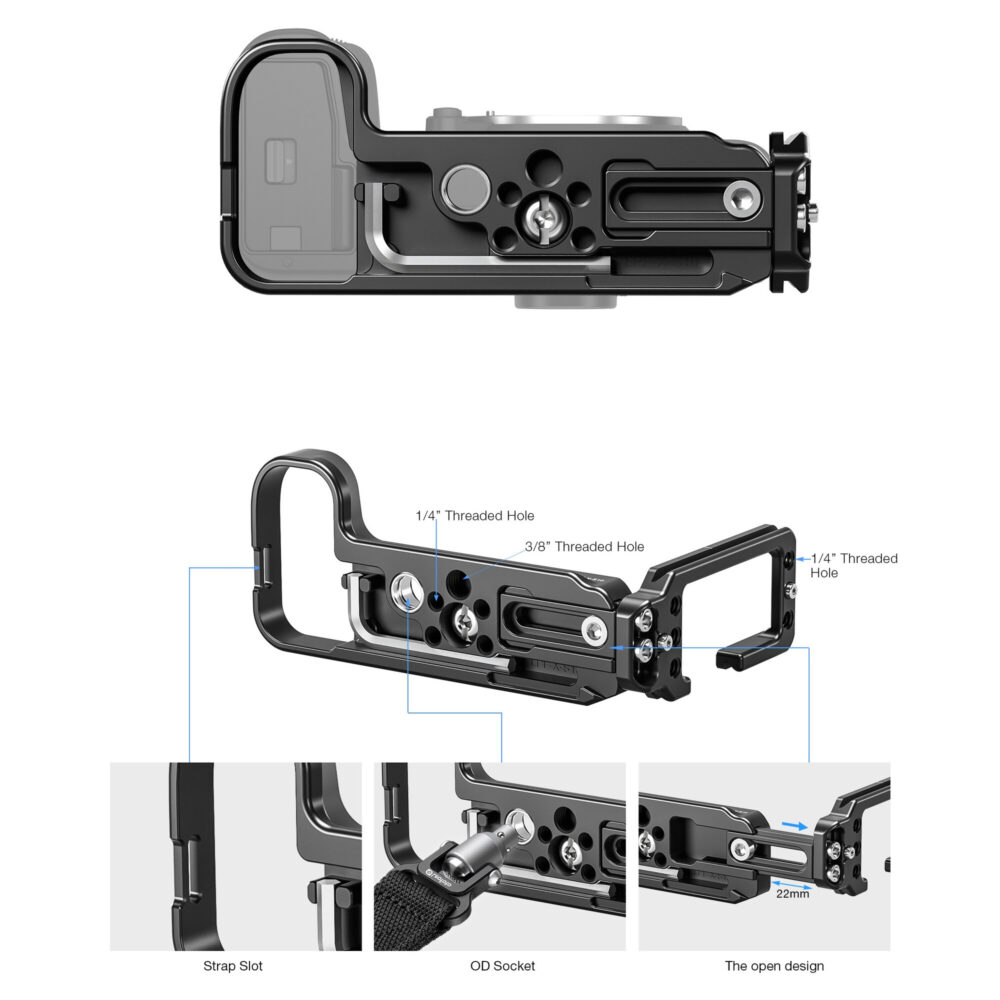 Leofoto LPF-X-S10 L-bevestiging exploded view met losse onderdelen en X-S10 body ter illustratie van de montage.