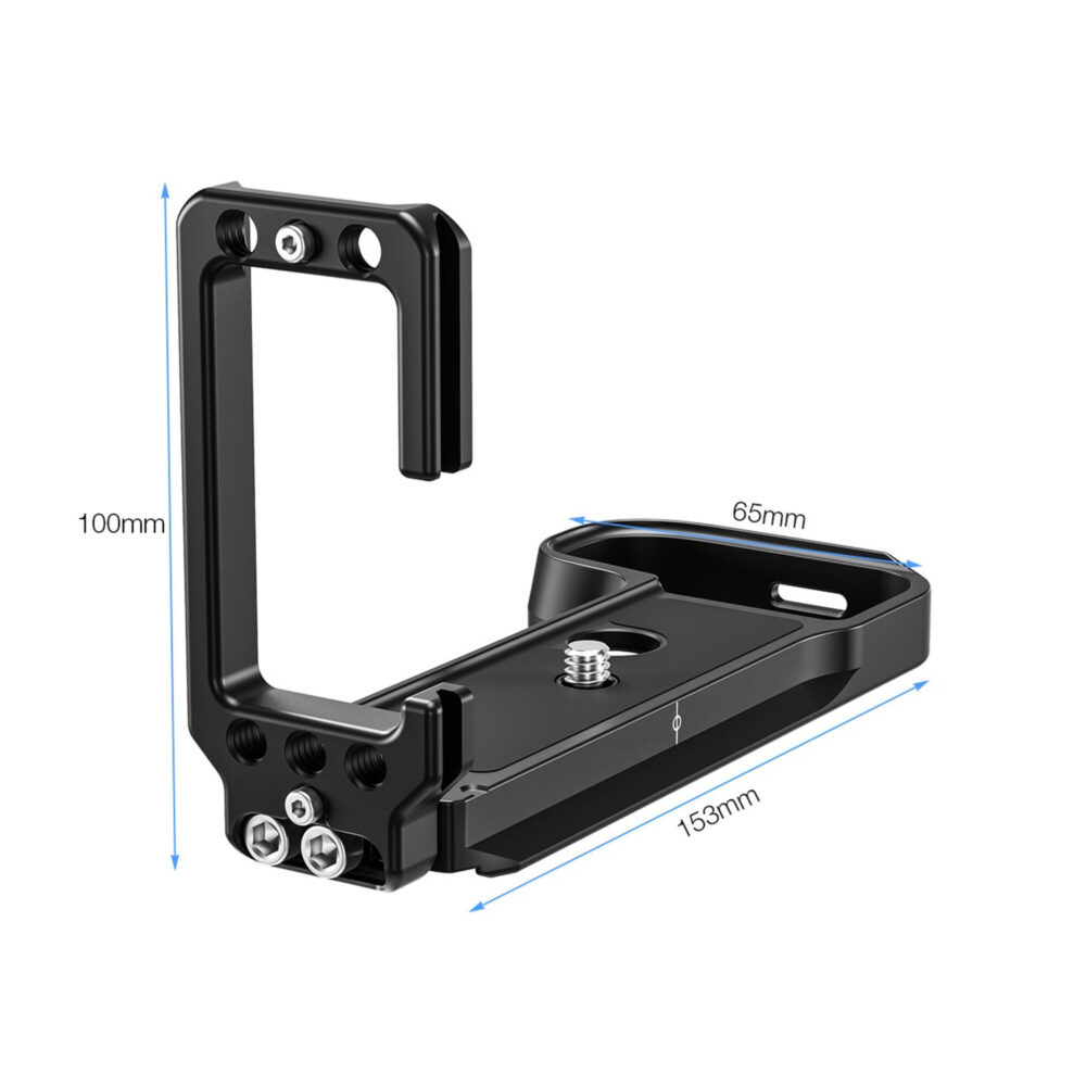 Leofoto LPF-X-S10 L-bevestiging productfoto met aangegeven afmetingen in millimeters voor hoogte, lengte en breedte.