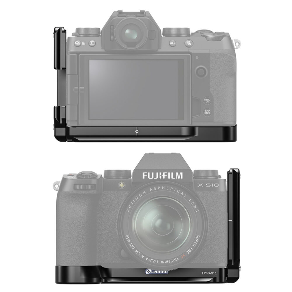 Leofoto LPF-X-S10 L-bevestiging achteraanzicht van Fujifilm X-S10 met alleen de basisplaat gemonteerd.