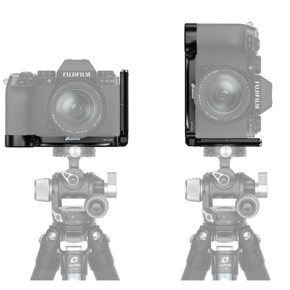 Leofoto LPF-X-S10 L-bevestiging demonstratie van camera op statief in liggende en staande stand met dezelfde L-bracket.
